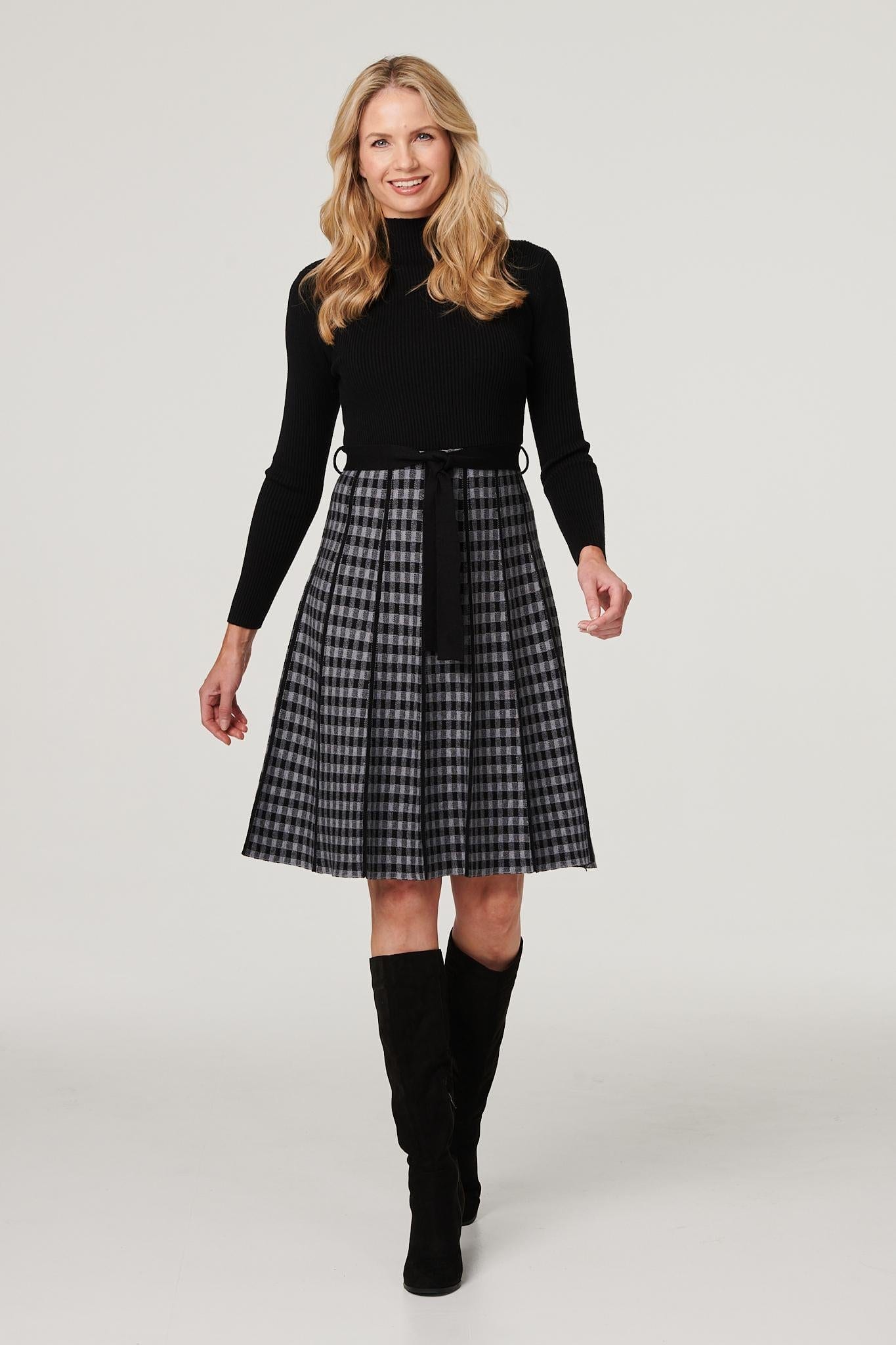 Black | Checked High Neck Knit Dress