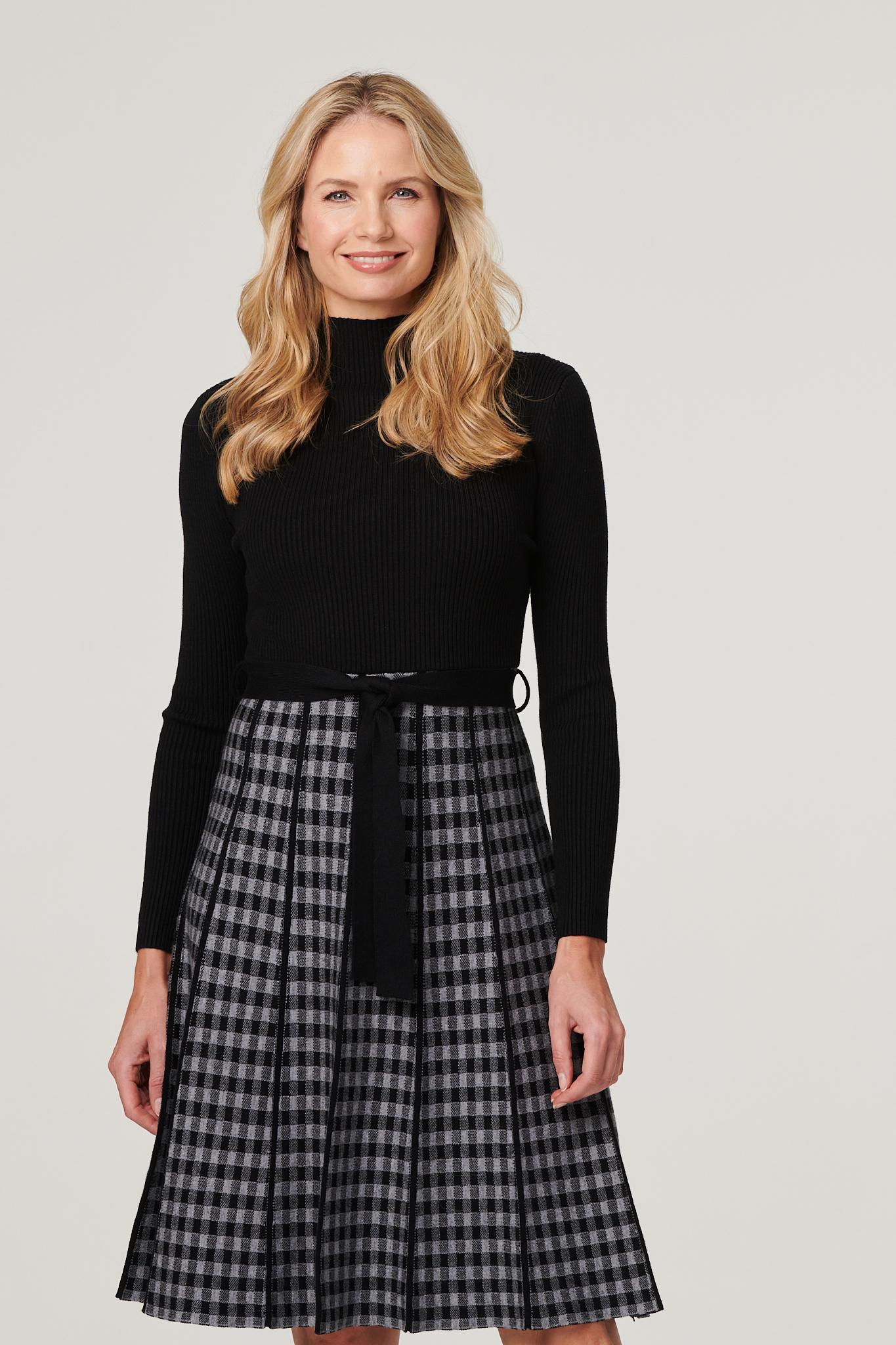 Black | Checked High Neck Knit Dress