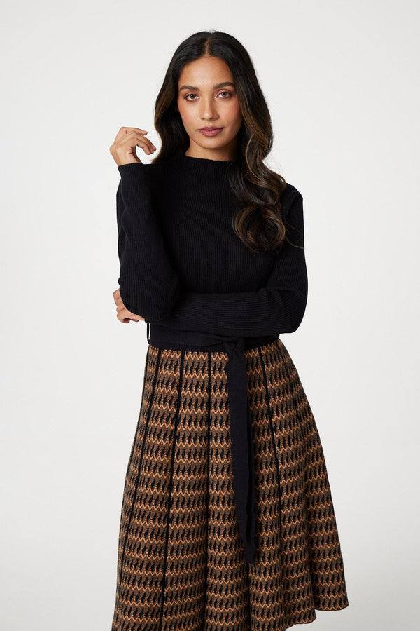 Black | High Neck Midi Skater Knit Dress