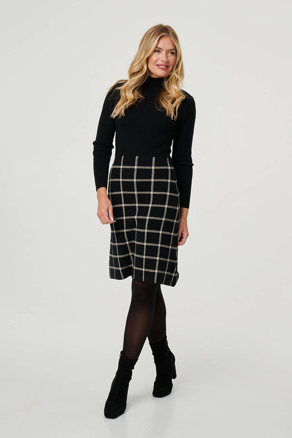 Black | Checked High Neck Knit Skater Midi Dress
