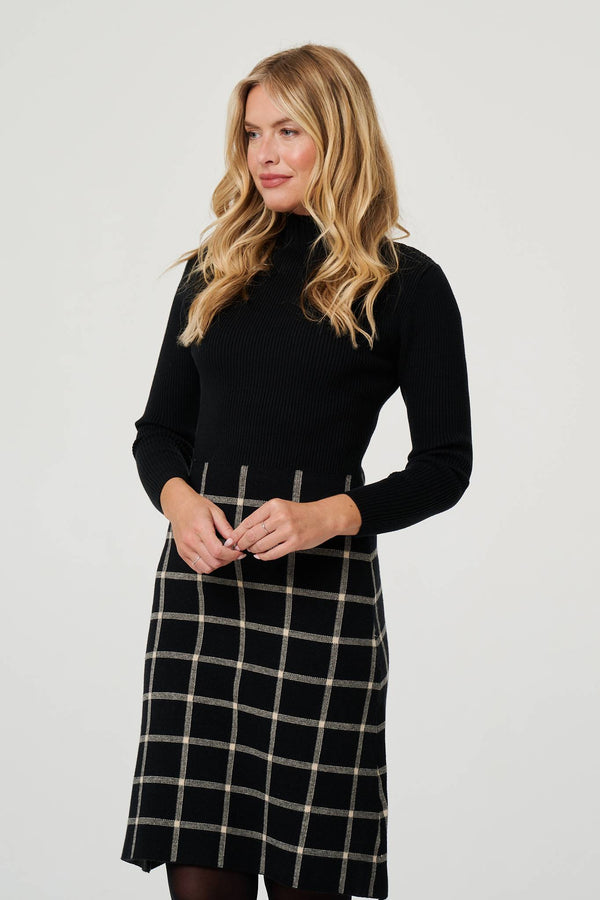 Black | Checked High Neck Knit Skater Midi Dress
