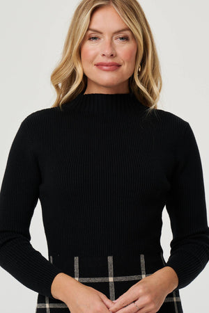 Black | Checked High Neck Knit Skater Midi Dress
