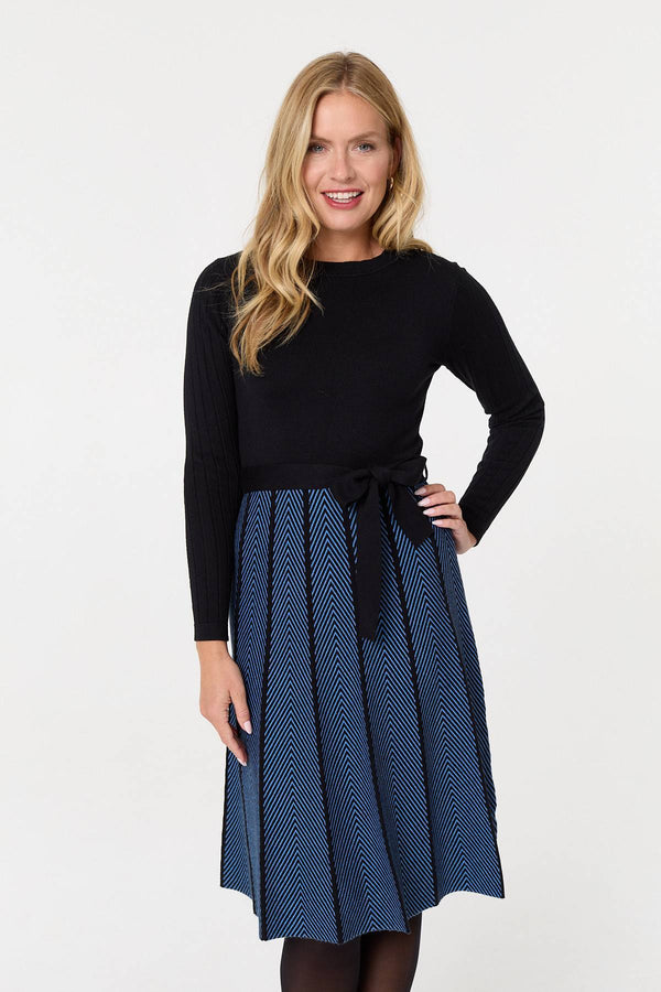 Blue | Chevron Texture Knee Length Jumper Dress
