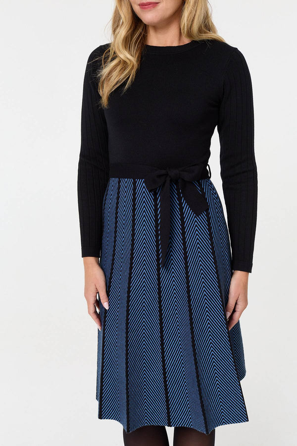 Blue | Chevron Texture Knee Length Jumper Dress
