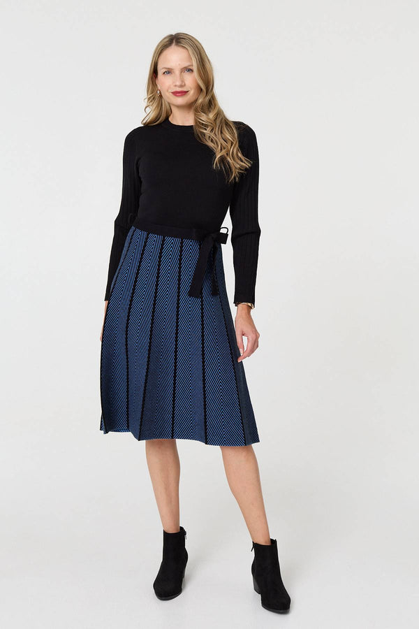 Blue | Chevron Texture Knee Length Jumper Dress
