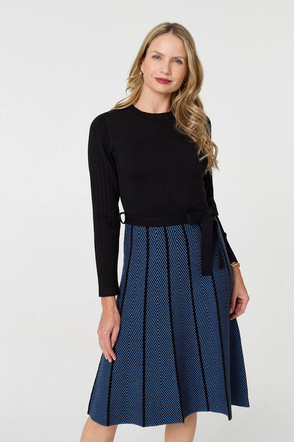 Blue | Chevron Texture Knee Length Jumper Dress
