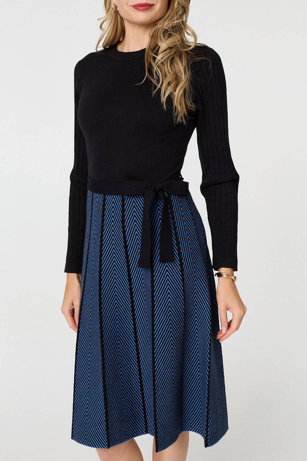 Blue | Chevron Texture Knee Length Jumper Dress
