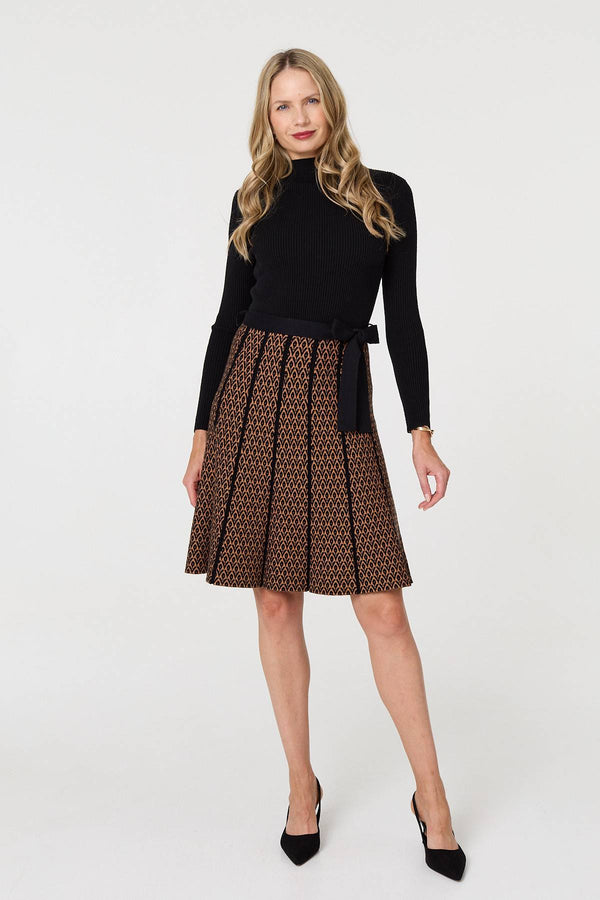 Brown | Abstract Pleated Knee Length Knit Dress
