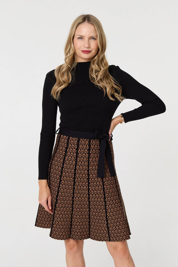 Brown | Abstract Pleated Knee Length Knit Dress
