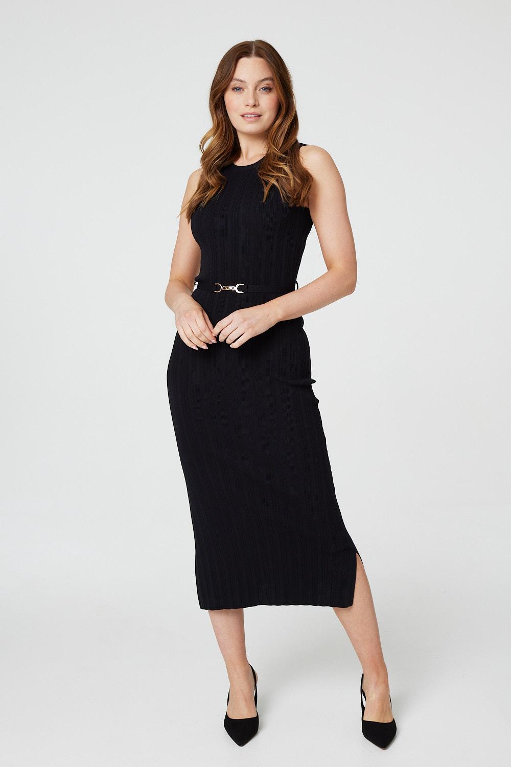 Black | Sleeveless Knit Shift Dress : Model is 5'9"/175 cm and wears UK8/EU36/US4/AUS8