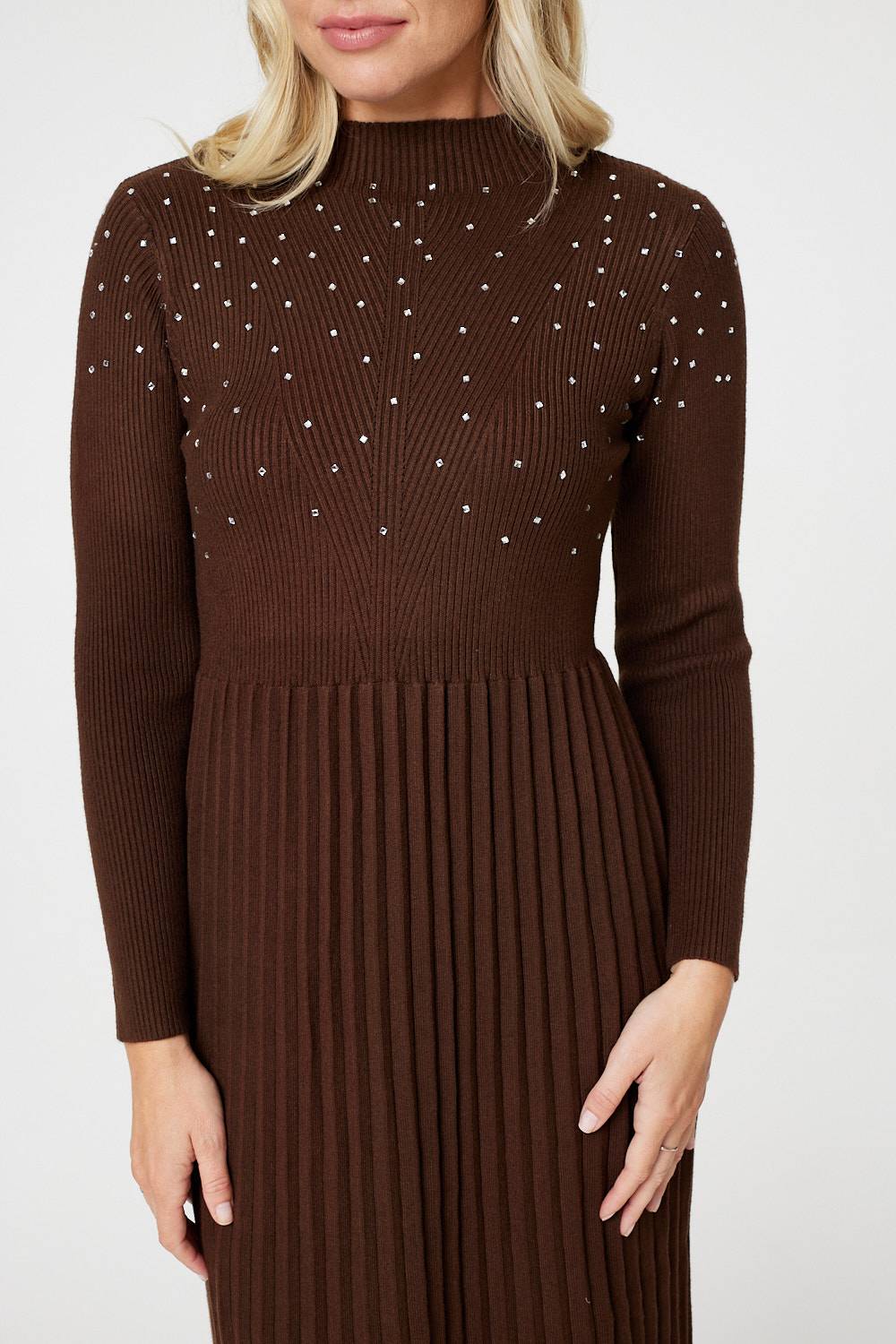 Brown | Embellished High Neck Knit Dress