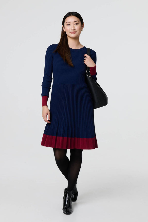 Navy | Colour Block Tie Neck Short Jumper Dress

