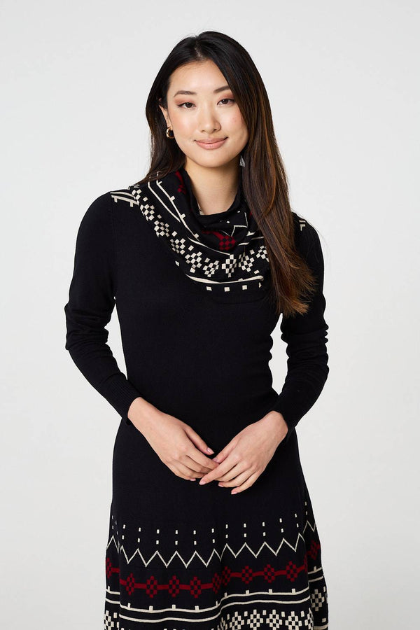 Black | Printed Removable Roll Neck Jumper Dress
