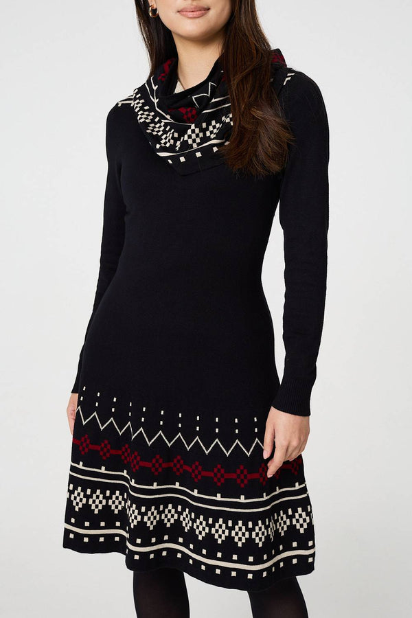 Black | Printed Removable Roll Neck Jumper Dress

