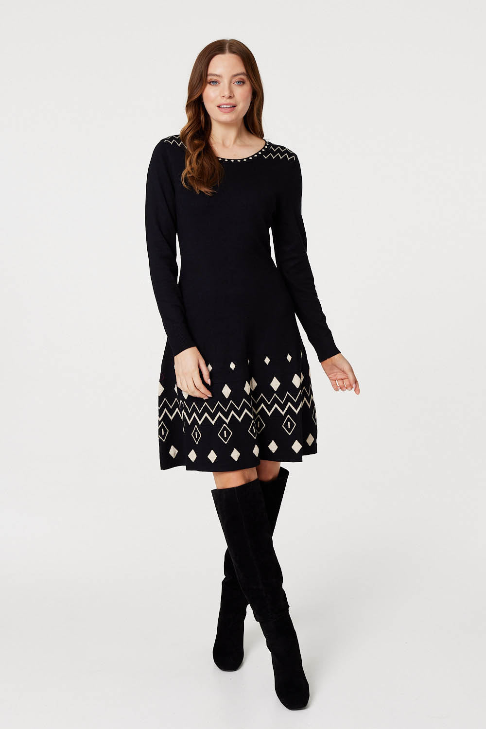 Black | Printed Knit Skater Dress