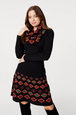 Black | Printed Fit & Flare Knit Dress