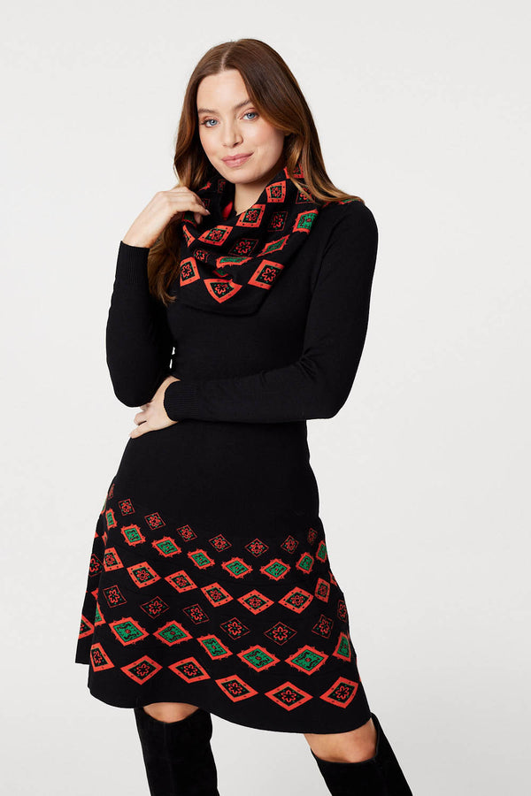 Black | Printed Fit & Flare Knit Dress
