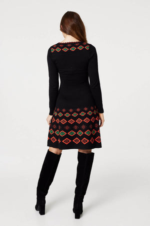 Black | Printed Fit & Flare Knit Dress