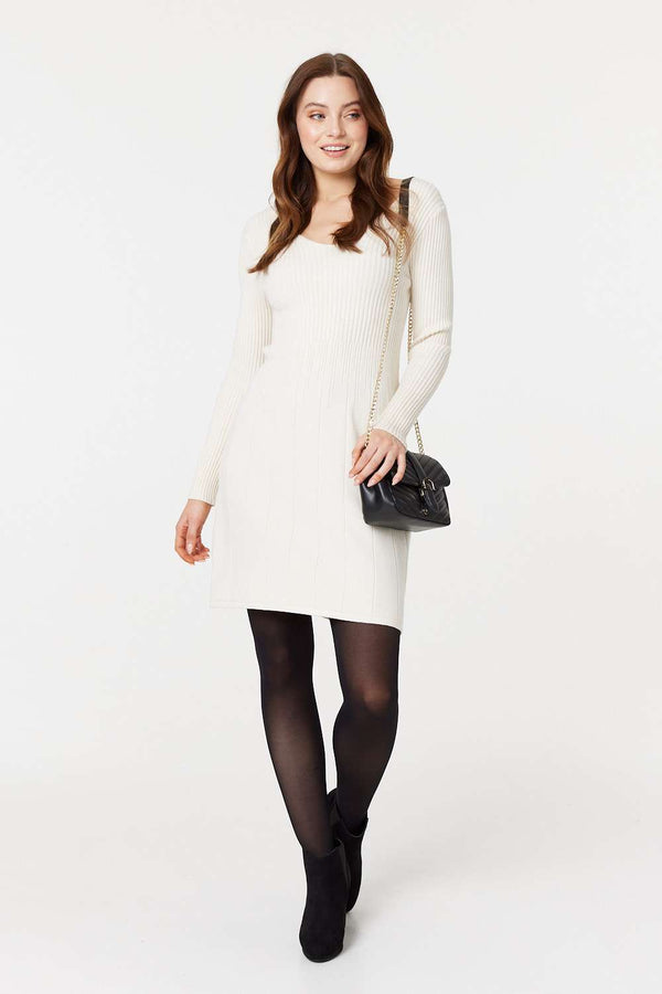 White | Plain Ribbed Knit Mini Dress