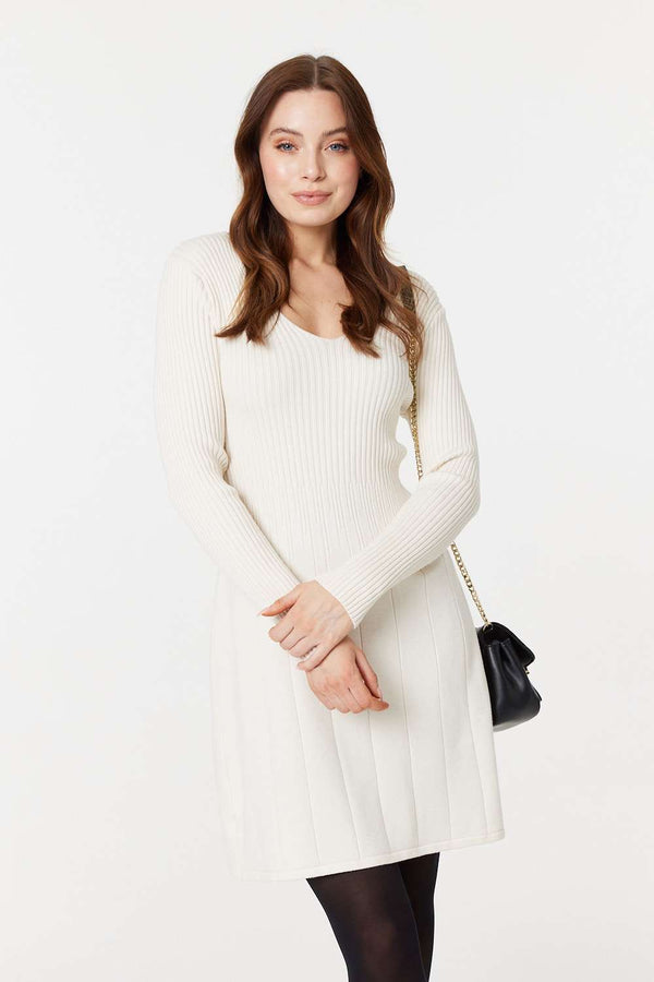 White | Plain Ribbed Knit Mini Dress