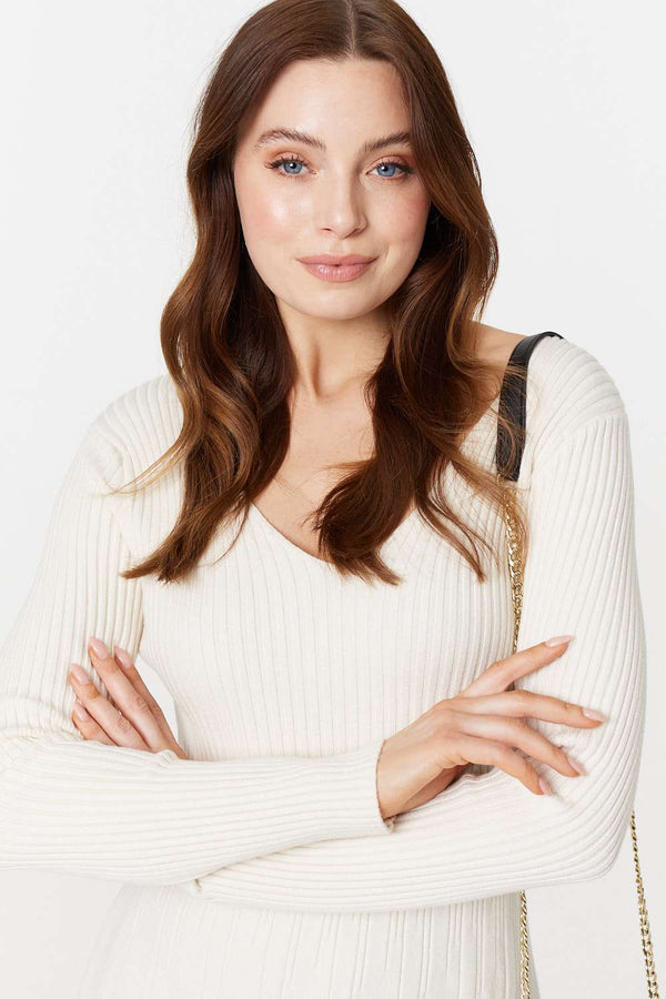 White | Plain Ribbed Knit Mini Dress