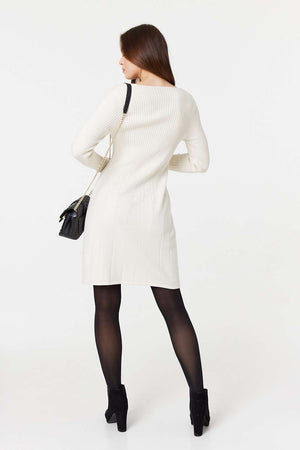 White | Plain Ribbed Knit Mini Dress