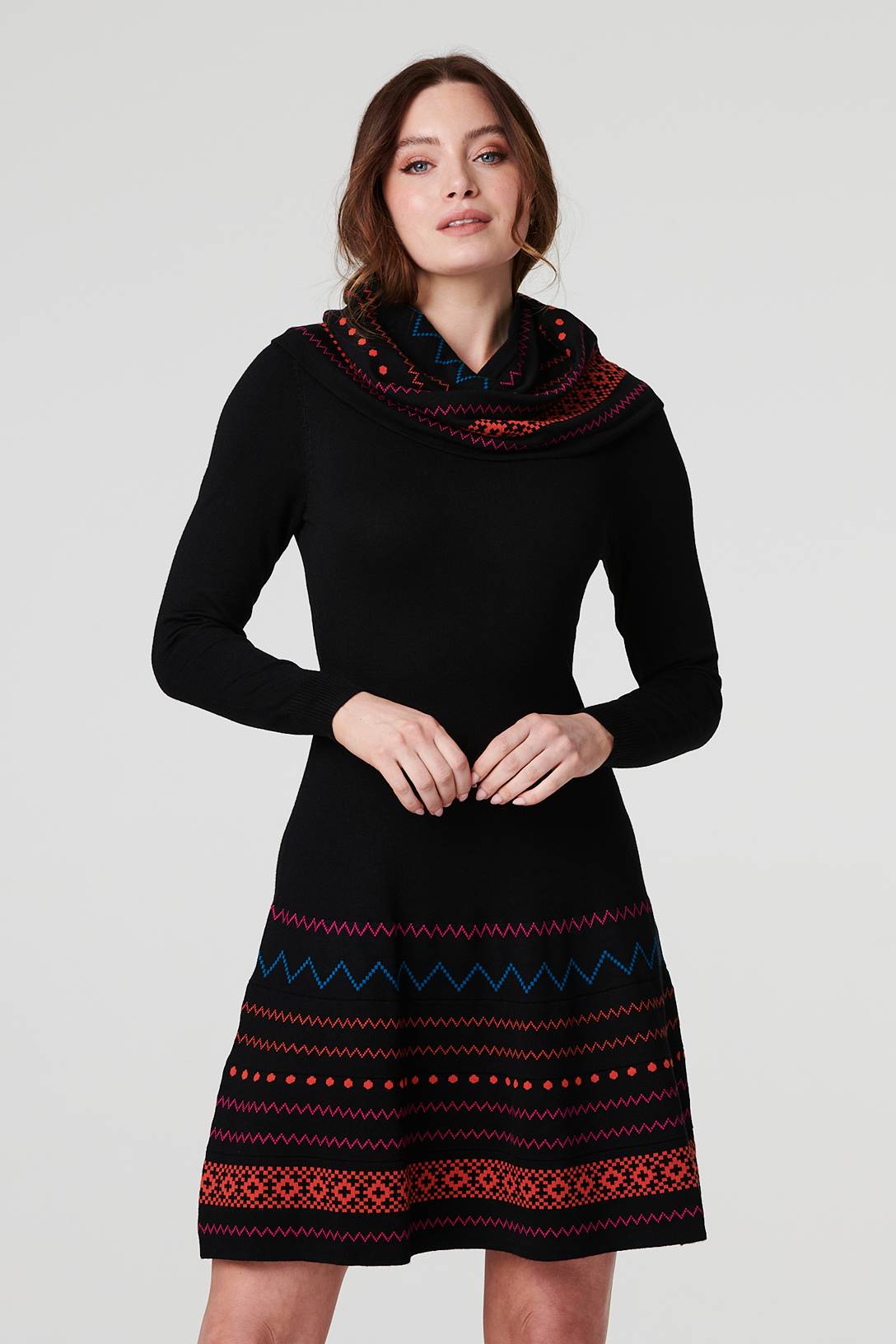 Black | Printed Knit Skater Dress with Scarf