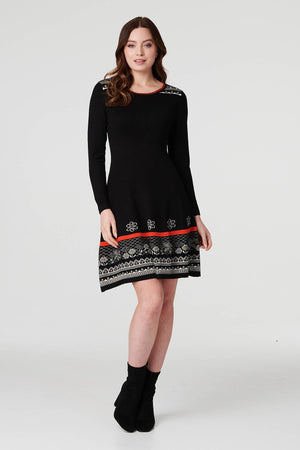 Black | Printed Long  Sleeve Knit Dress