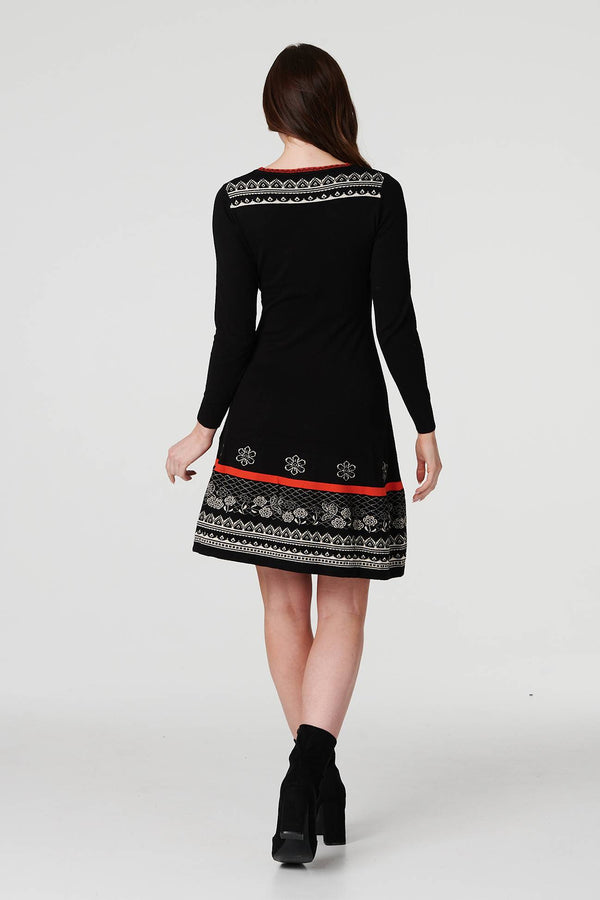 Black | Printed Long  Sleeve Knit Dress