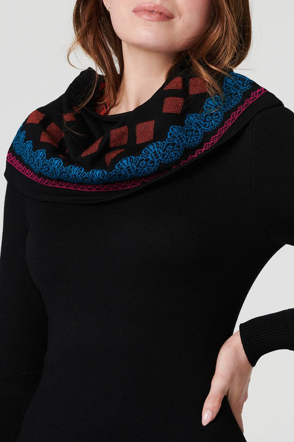 Black | Printed Fit & Flare Dress with Scarf