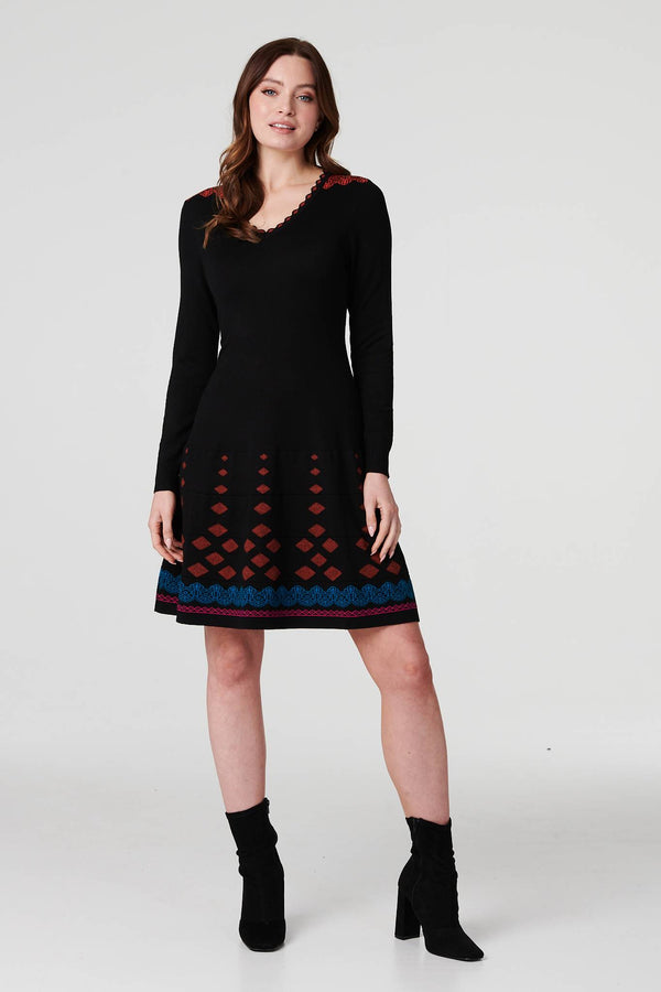 Black | Printed Fit & Flare Dress with Scarf
