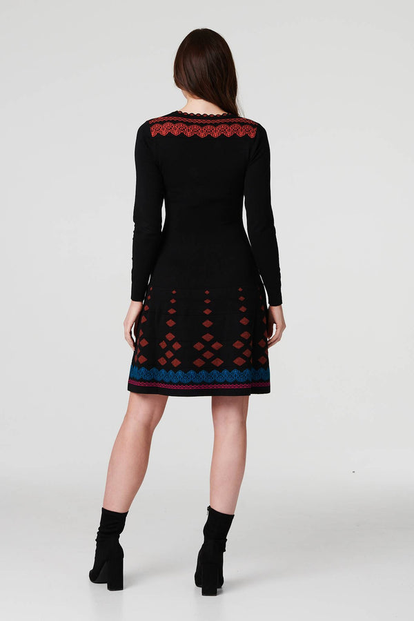 Black | Printed Fit & Flare Dress with Scarf