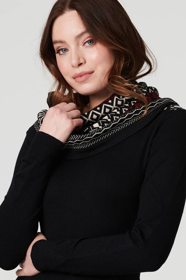 Black | Nordic Print Skater Dress with Scarf