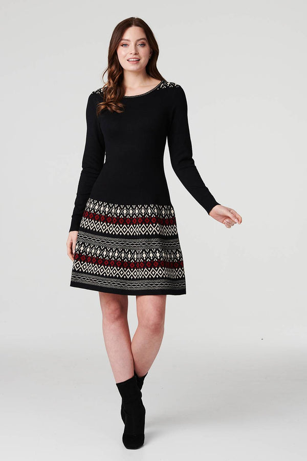 Black | Nordic Print Skater Dress with Scarf