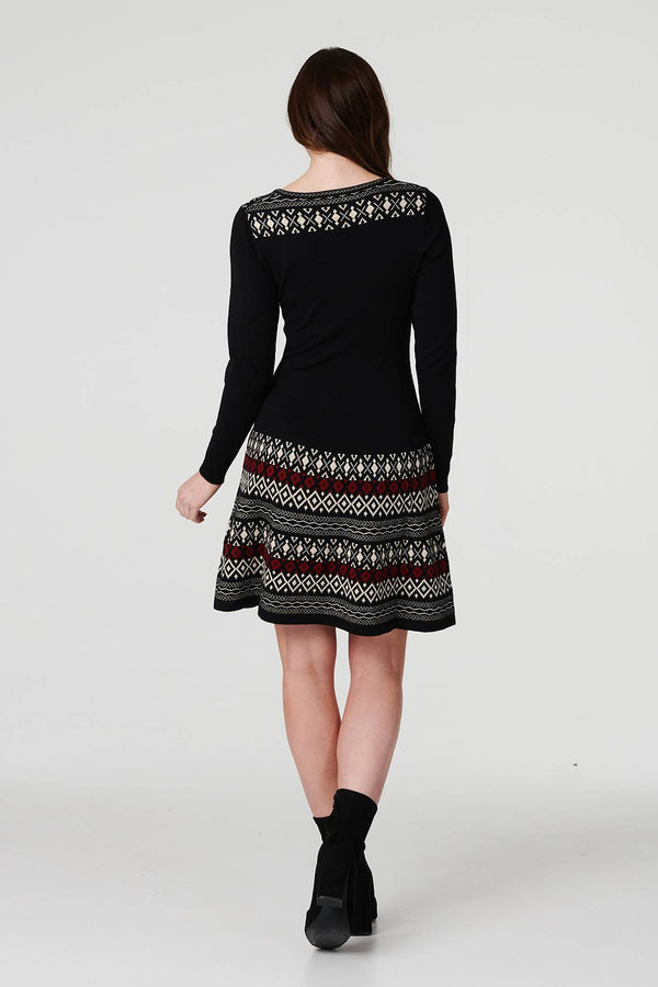 Black | Nordic Print Skater Dress with Scarf