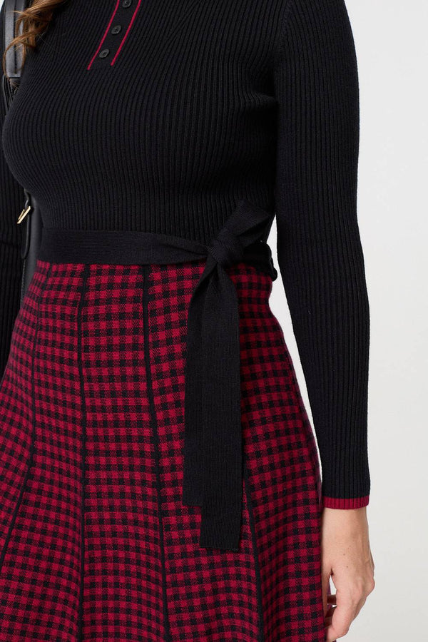 Black | Checked Pleated Knee Length Jumper Dress
