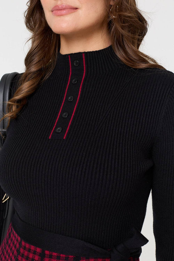 Black | Checked Pleated Knee Length Jumper Dress
