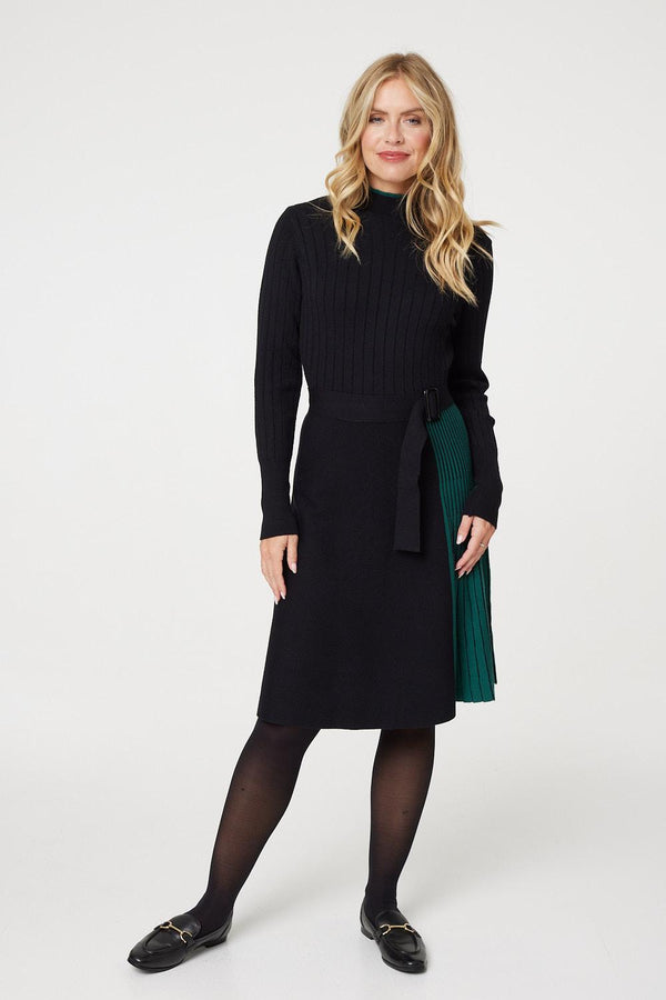 Black | Colour Block High Neck Pleated Knit Dress
