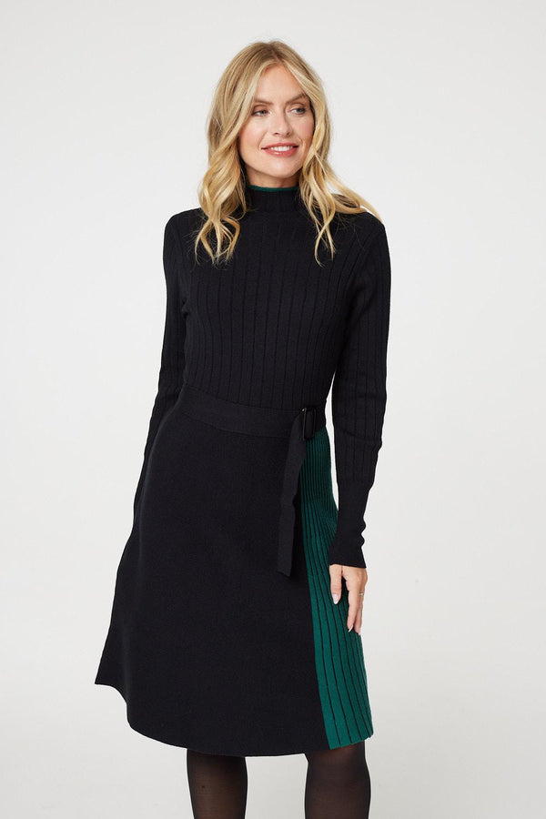 Black | Colour Block High Neck Pleated Knit Dress
