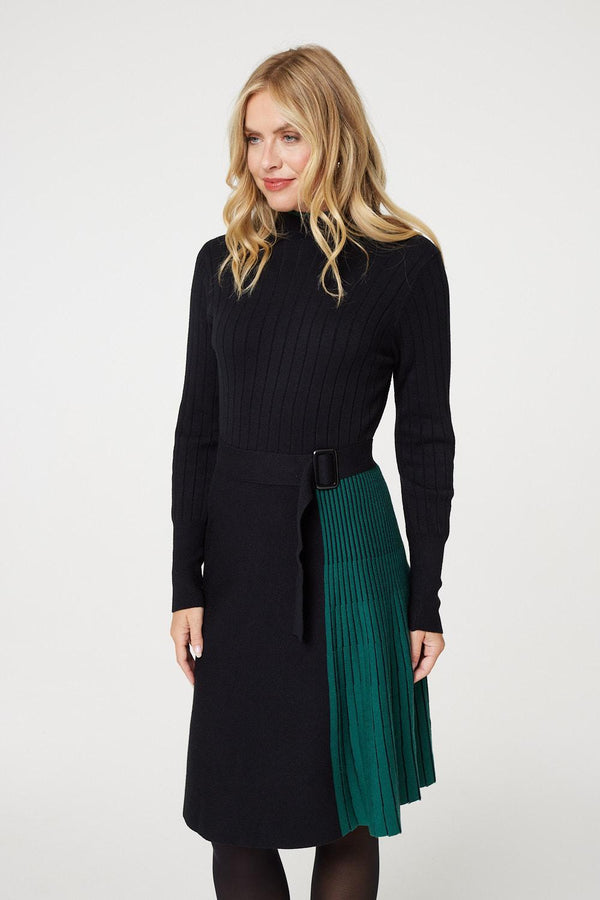 Black | Colour Block High Neck Pleated Knit Dress
