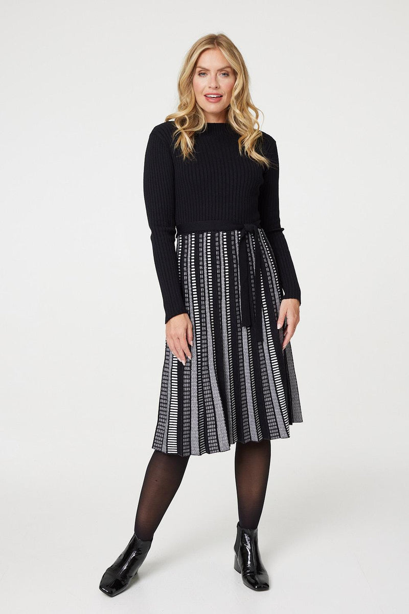 Printed Tie Waist Pleated Midi Jumper Dress Izabel London
