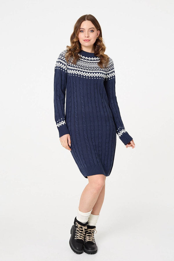 Navy | Nordic Print High Neck Jumper Dress