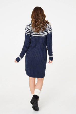 Navy | Nordic Print High Neck Jumper Dress