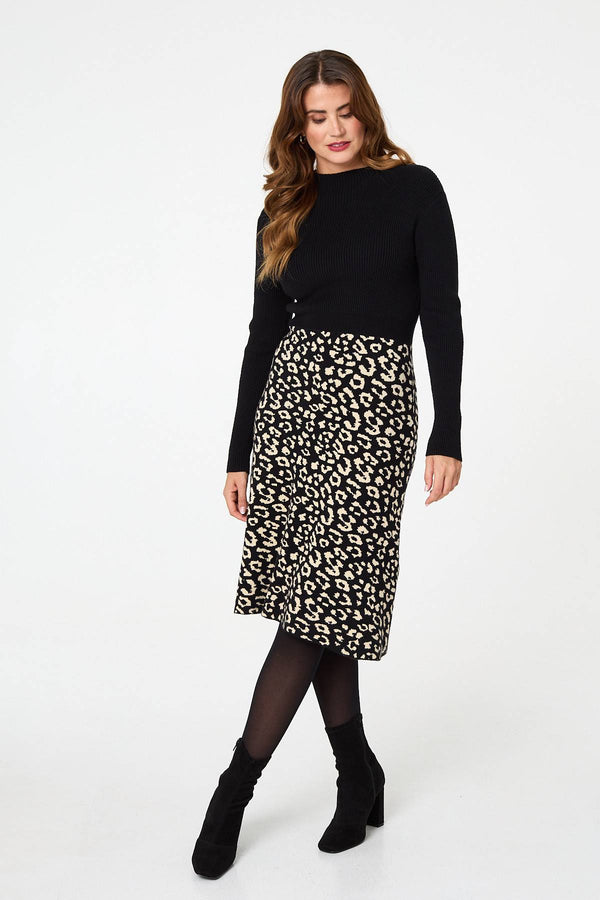 Black | Animal Print Contrast Knit Midi Dress

