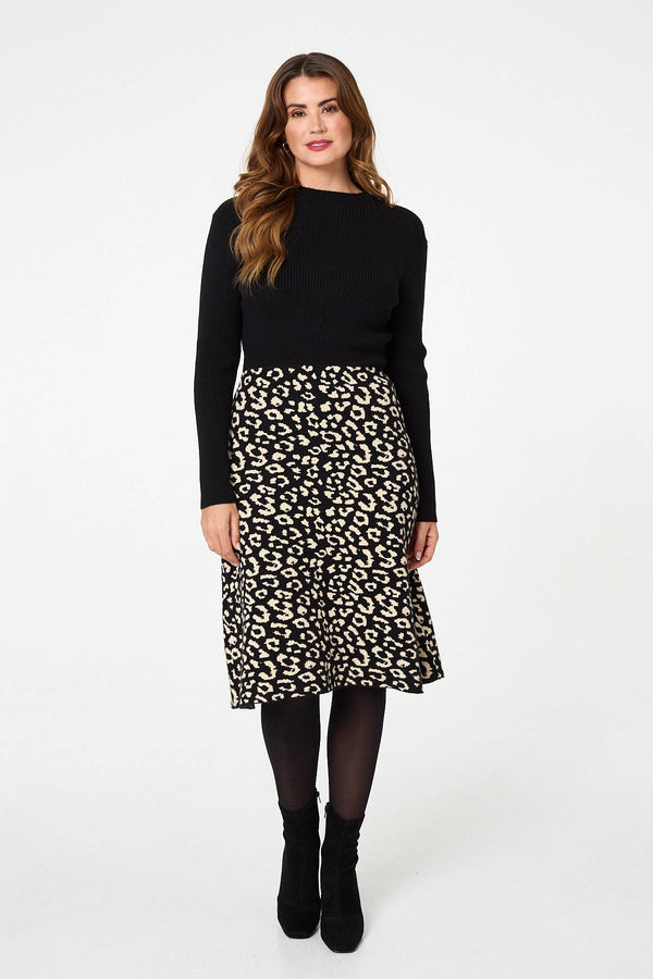 Black | Animal Print Contrast Knit Midi Dress
