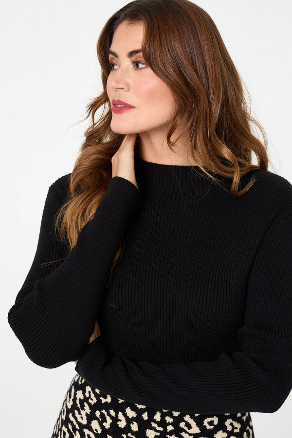 Black | Animal Print Contrast Knit Midi Dress
