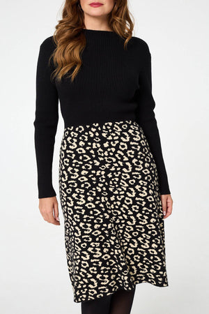Black | Animal Print Contrast Knit Midi Dress
