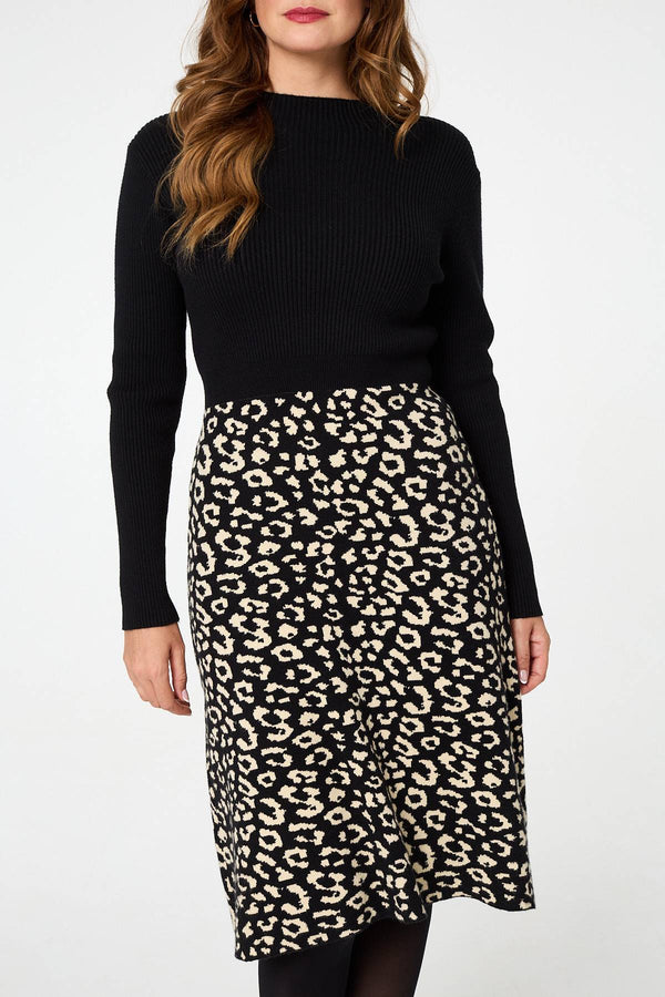 Black | Animal Print Contrast Knit Midi Dress
