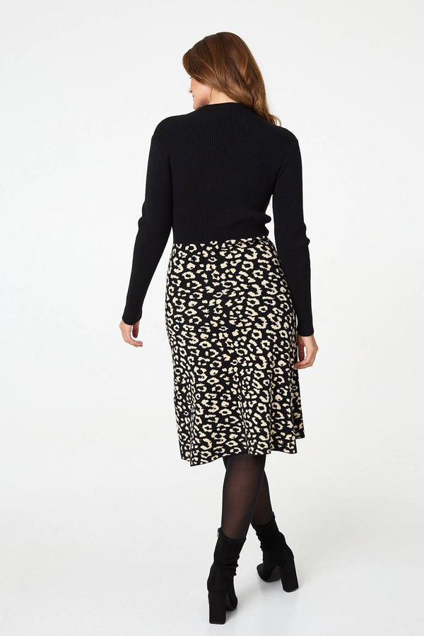 Black | Animal Print Contrast Knit Midi Dress
