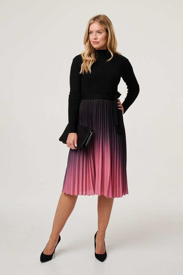 Black | Ombre Tie Waist Pleated Knit Midi Dress
